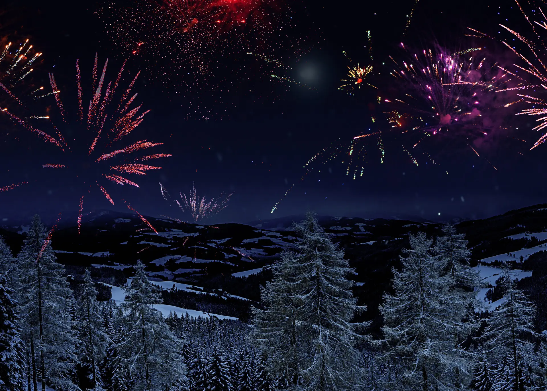 Happy new year-banner, Hintergrund: schneebedeckter Wald und dar